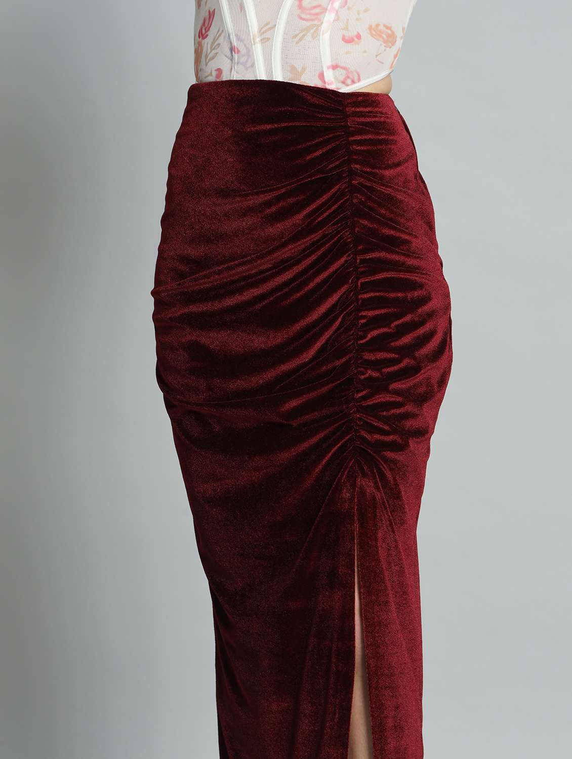 women maroon solid high tise ruched skirt - 22009683 -  Standard Image - 5
