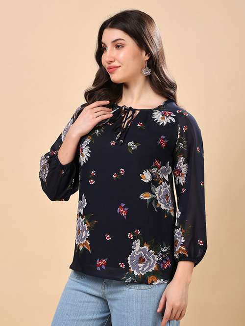women floral printed tie up neck regular top - 22009689 -  Standard Image - 0