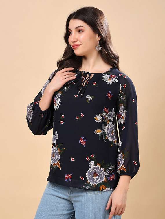 women floral printed tie up neck regular top - 22009689 -  Zoom Image - 0