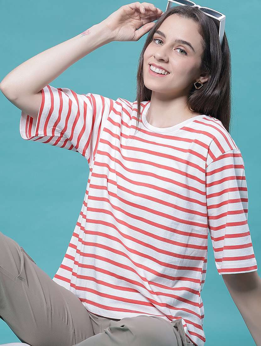 women striped short sleeve oversized t-shirt - 22010330 -  Zoom Image - 0