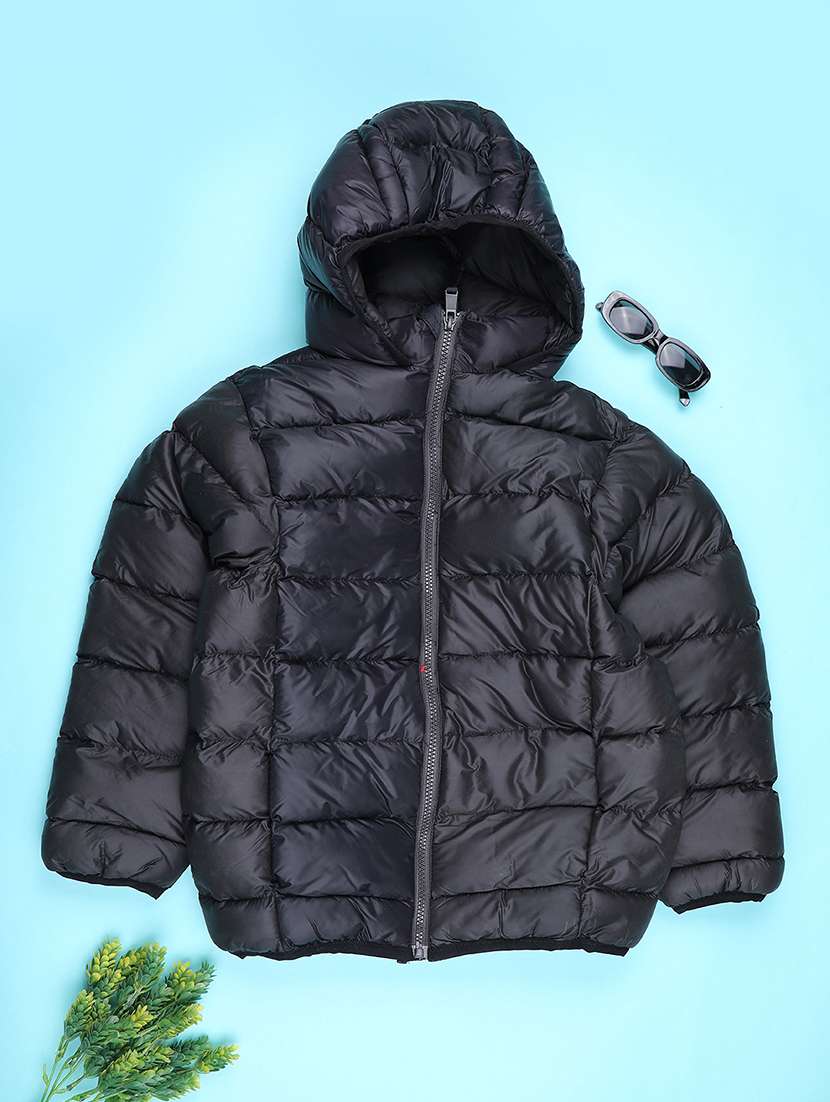 boys solid long sleeve hooded quilted jacket
