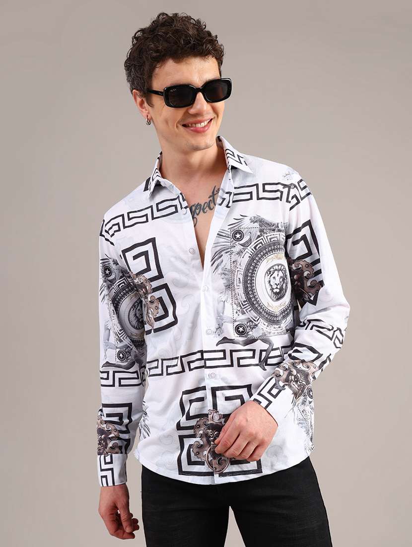 men printed long sleeve collared shirt