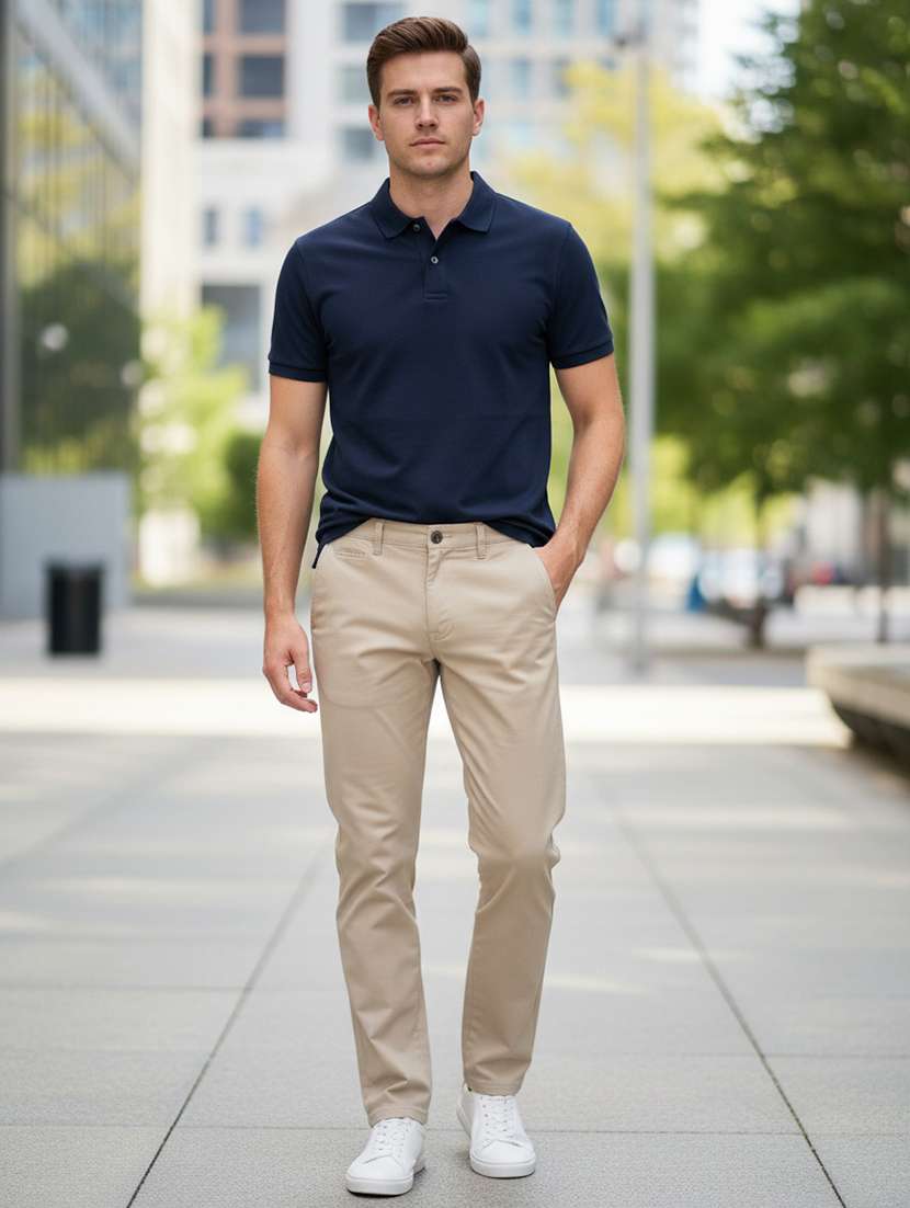 men solid mid rise chinos casual trouser