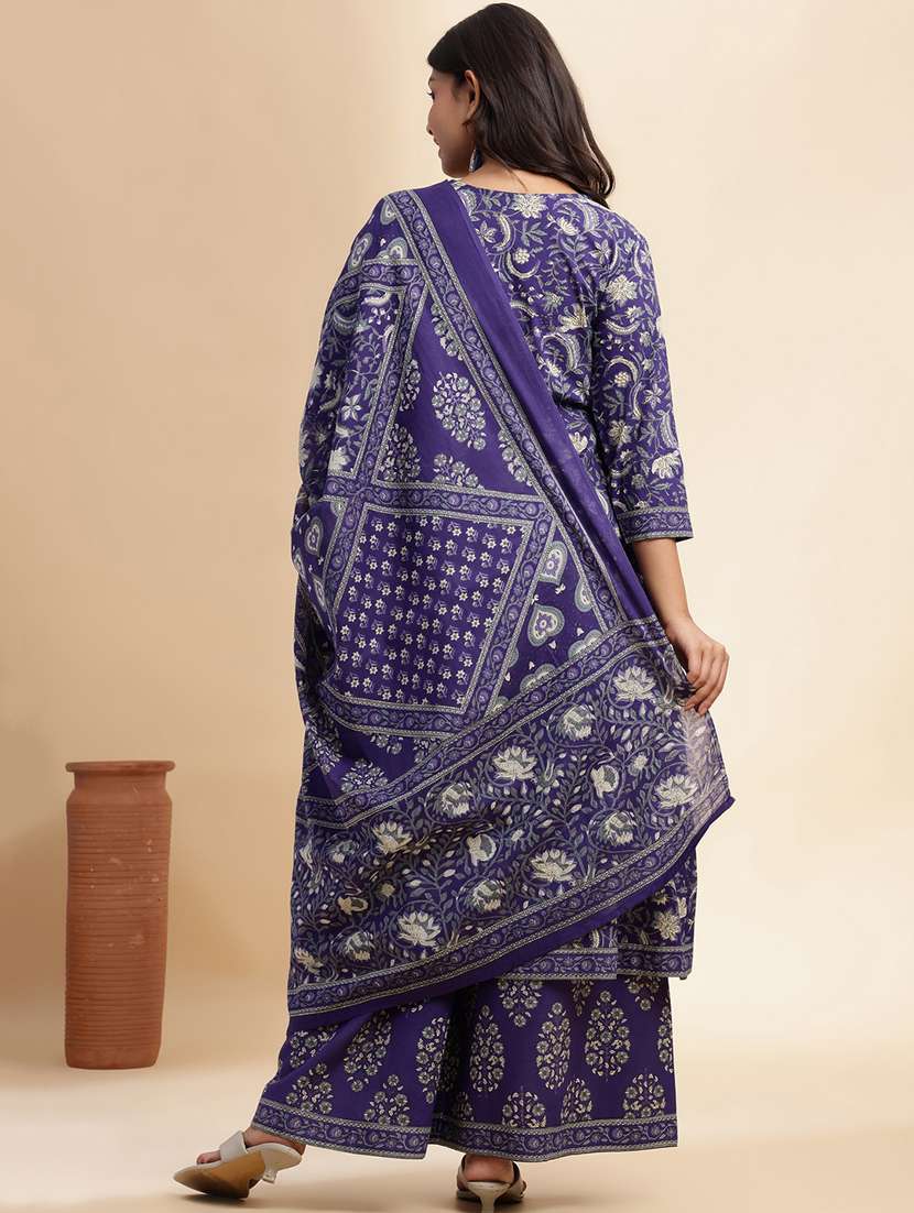 women floral three quarter sleeve kurta palazzo with dupatta set - 22011166 -  Standard Image - 3
