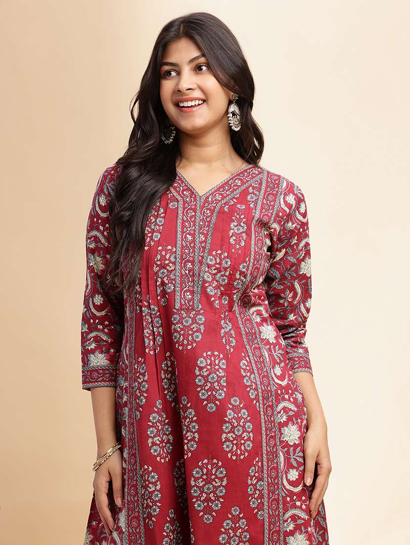 women floral three quarter sleeve kurta palazzo with dupatta set - 22011167 -  Standard Image - 5
