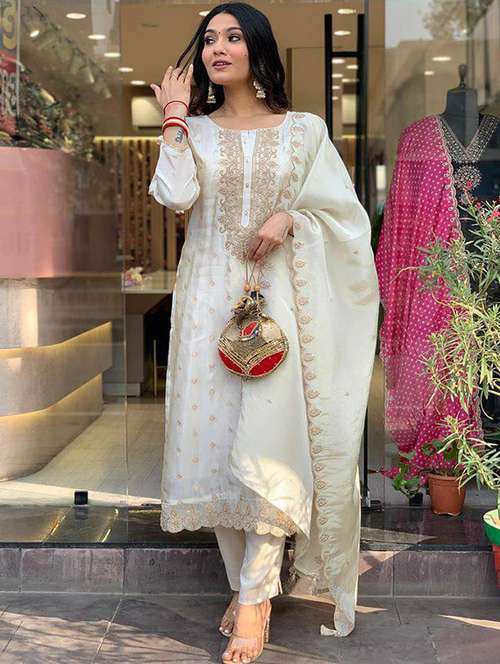 women embroidered three quarter sleeve kurta pant with dupatta set - 22011191 - Standard Image - 0