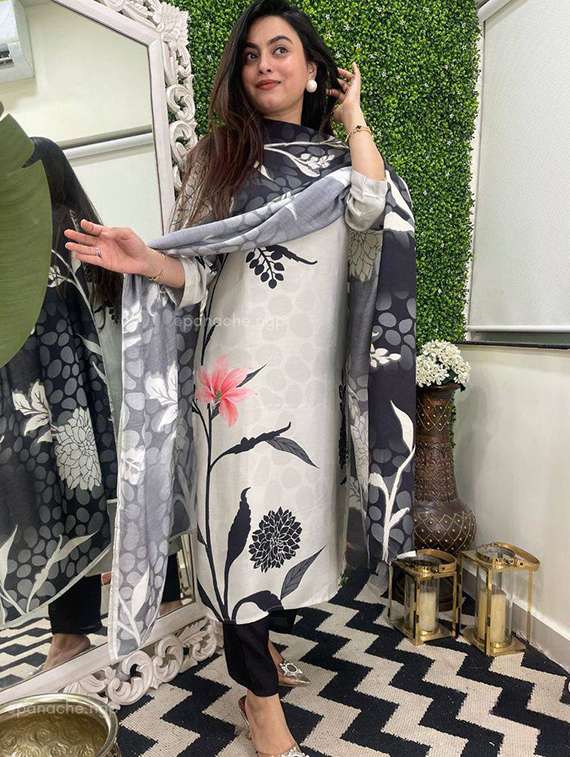 women embroidered three quarter sleeve kurta pant with dupatta set