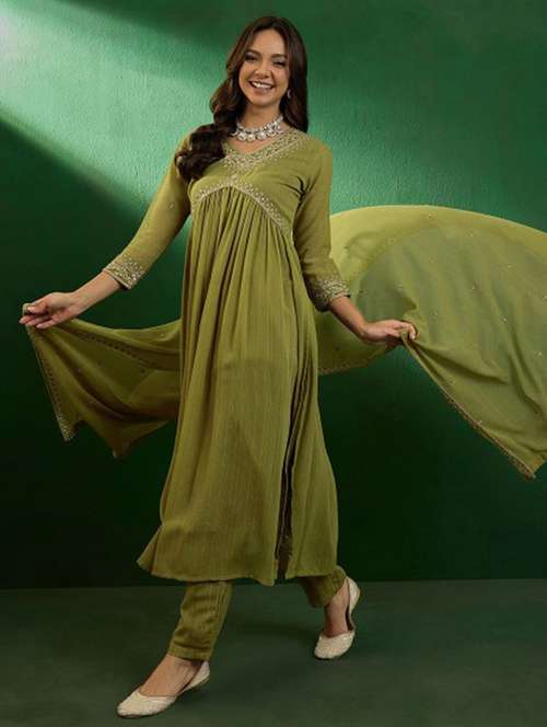 women embroidered three quarter sleeve kurta pant with dupatta set - 22011203 -  Standard Image - 0