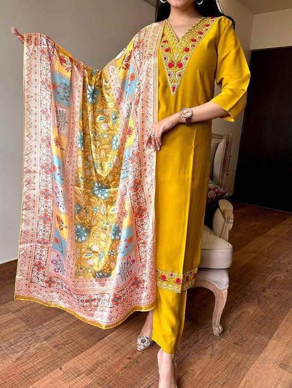 women embroidered three quarter sleeve kurta pant with dupatta set - 22011204 -  Zoom Image - 0