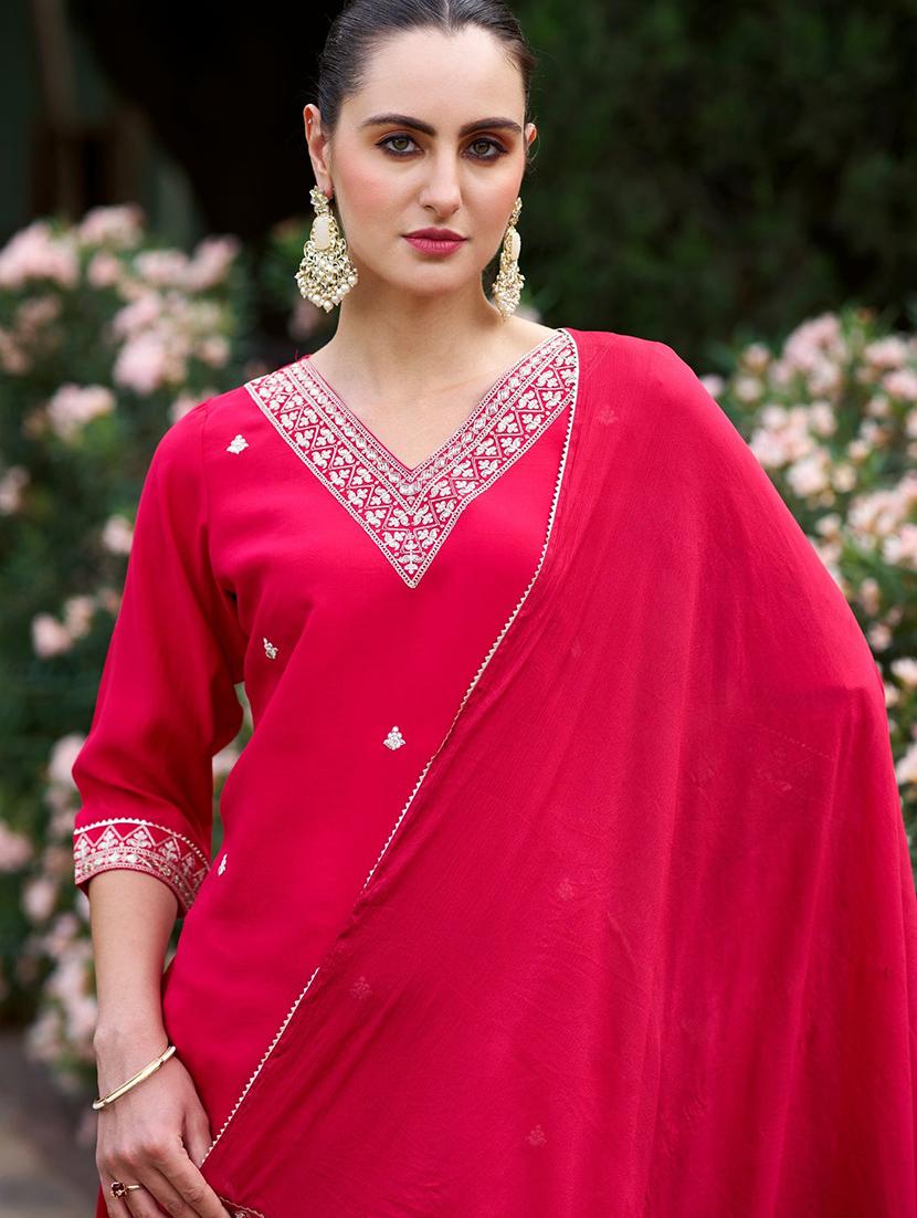 women embroidered three quarter sleeve kurta pant with dupatta set - 22011215 - Standard Image - 3
