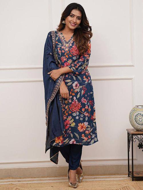 women embroidered three quarter sleeve kurta pant with dupatta set - 22011217 -  Standard Image - 0