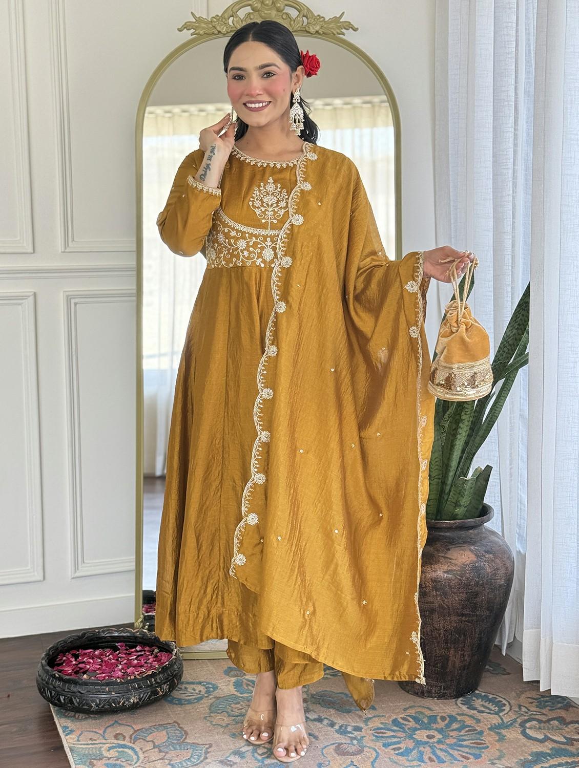 women embroidered long sleeve anarkali kurta pant with dupatta set - 22011239 - Standard Image - 3