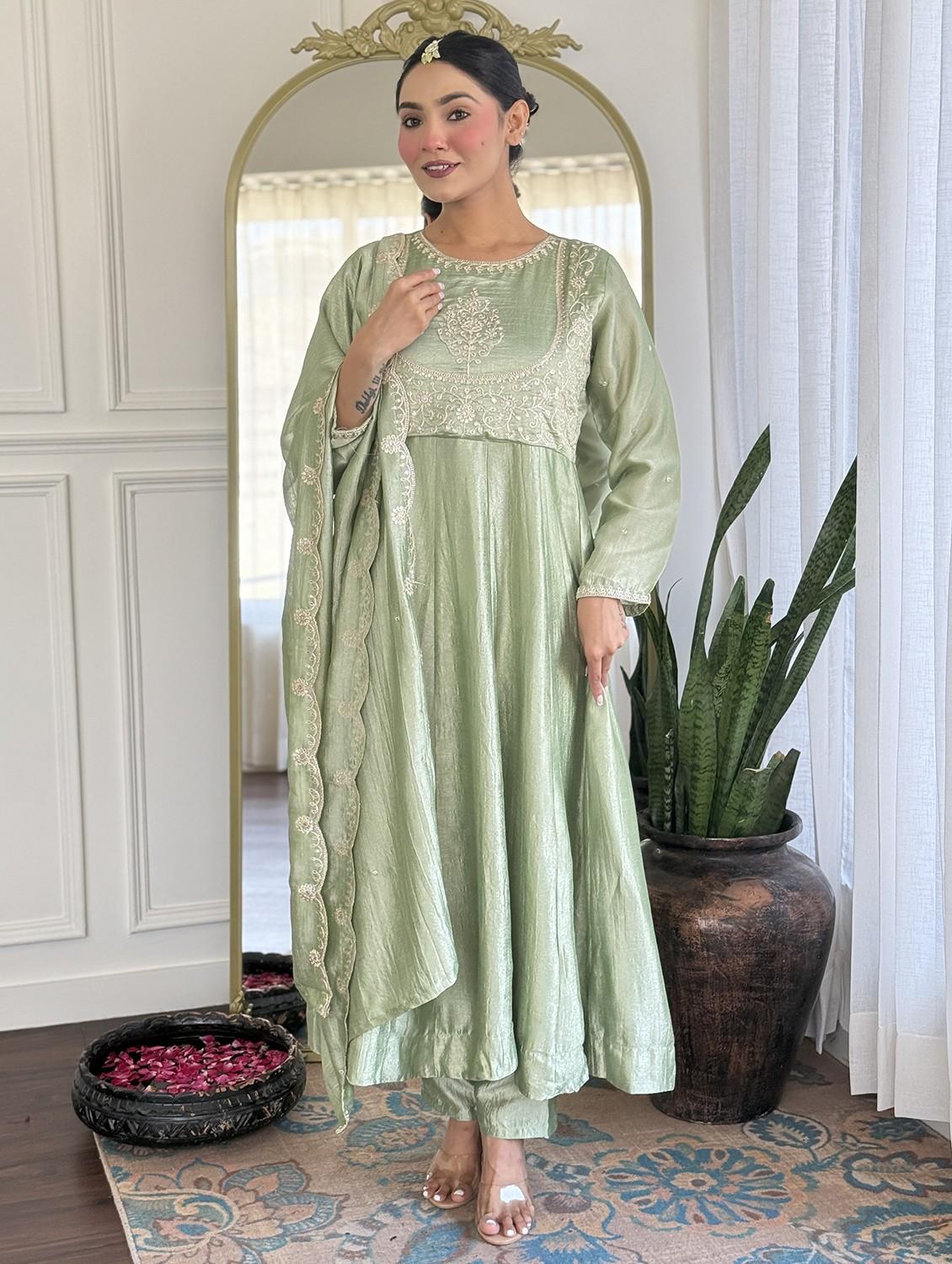 women embroidered long sleeve anarkali kurta pant with dupatta set - 22011240 -  Zoom Image - 0