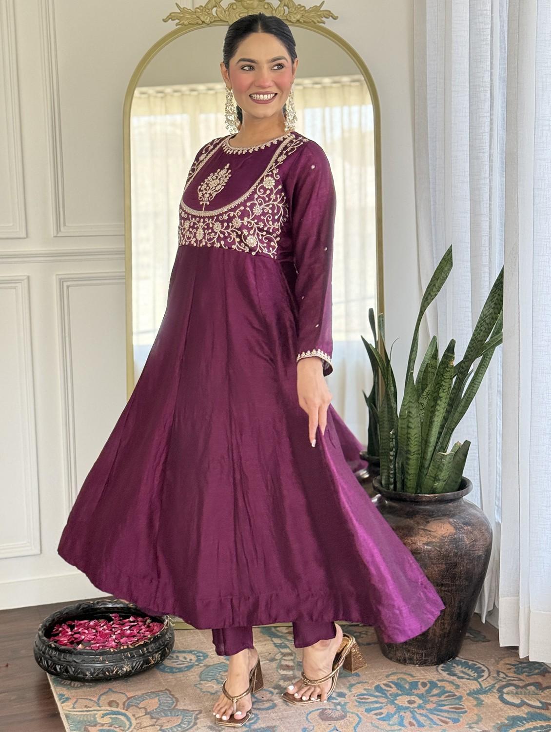 women embroidered long sleeve anarkali kurta pant with dupatta set - 22011241 - Zoom Image - 0