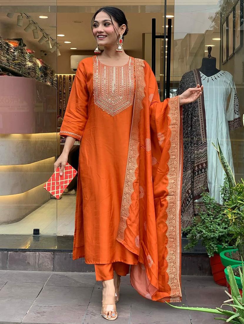 women embroidered three quarter sleeve kurta pant with dupatta set - 22011243 -  Zoom Image - 0