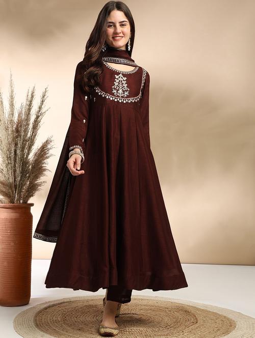 women embroidered long sleeve anarkali kurta pant with dupatta set - 22011246 -  Standard Image - 0