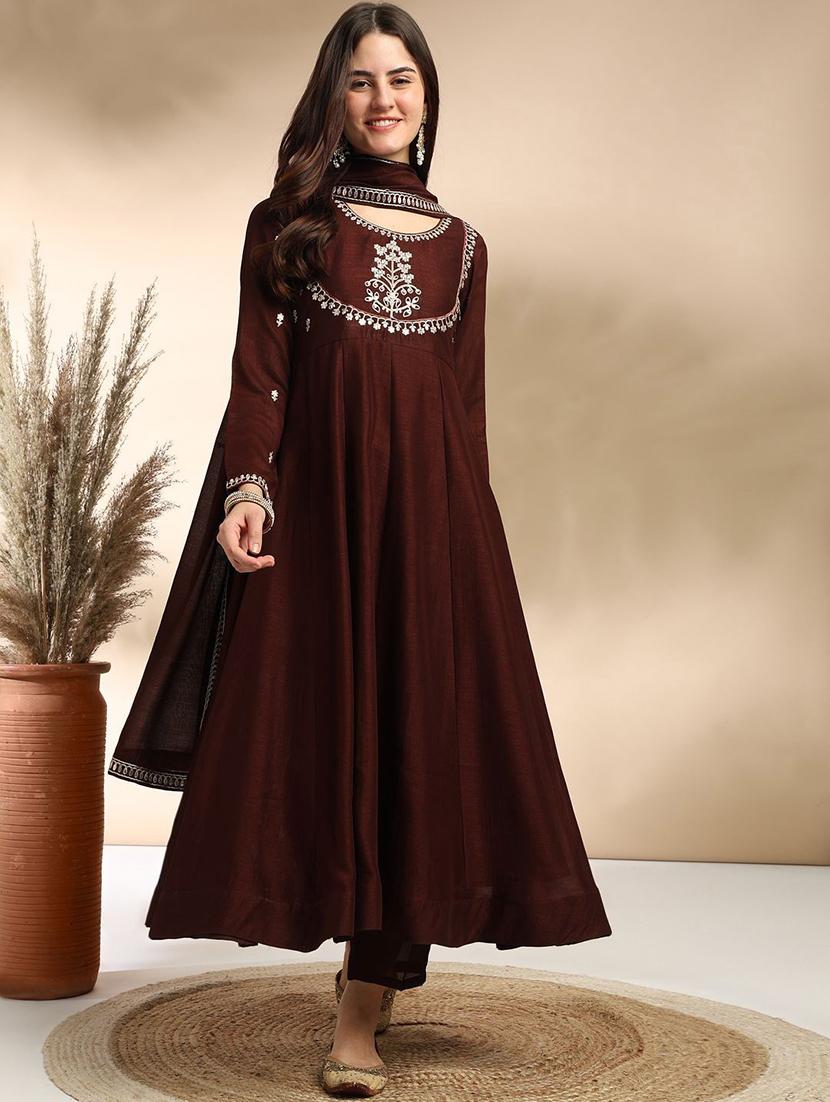 women embroidered long sleeve anarkali kurta pant with dupatta set - 22011246 -  Zoom Image - 0