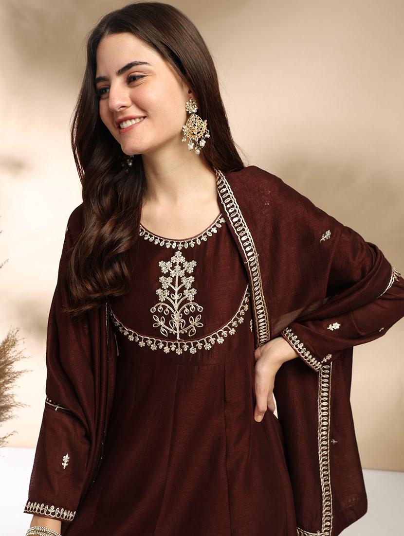 women embroidered long sleeve anarkali kurta pant with dupatta set - 22011246 - Standard Image - 5