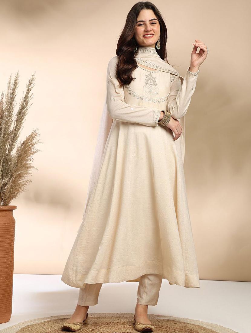women embroidered long sleeve anarkali kurta pant with dupatta set