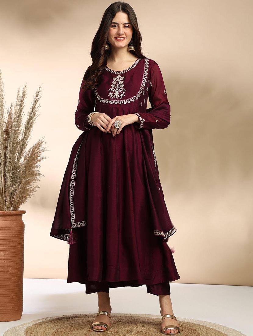 women embroidered long sleeve anarkali kurta pant with dupatta set