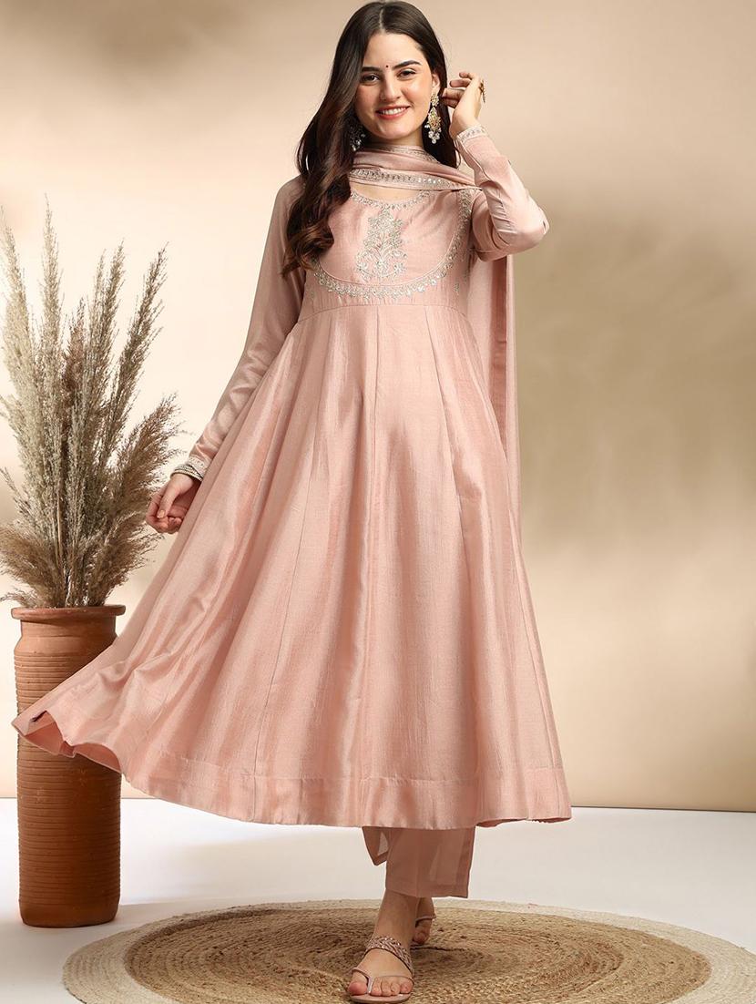 women embroidered long sleeve anarkali kurta pant with dupatta set