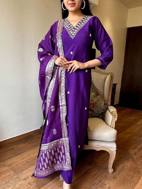 women embroidered three quarter sleeve kurta pant with dupatta set - 22011255 - Standard Image - 0