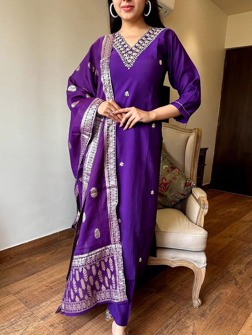 women embroidered three quarter sleeve kurta pant with dupatta set - 22011255 - Zoom Image - 0