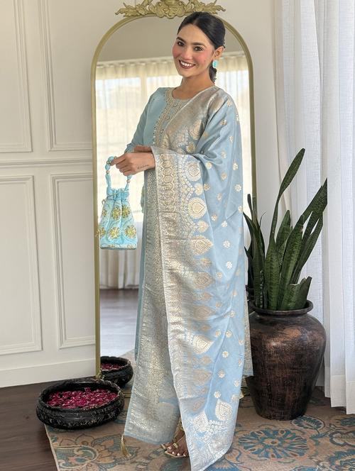 women embroidered three quarter sleeve kurta pant with dupatta set - 22011259 - Standard Image - 0