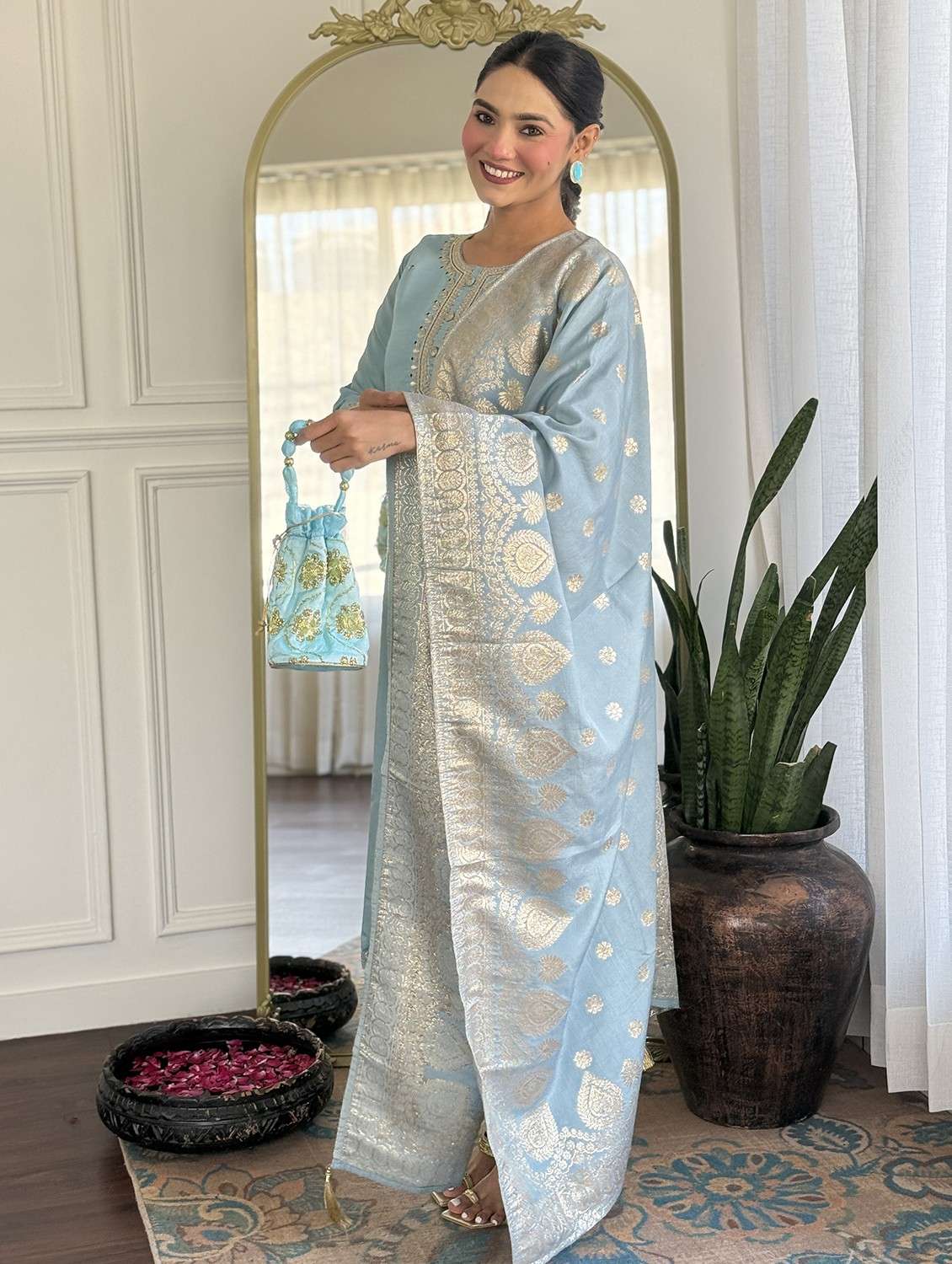 women embroidered three quarter sleeve kurta pant with dupatta set - 22011259 - Zoom Image - 0
