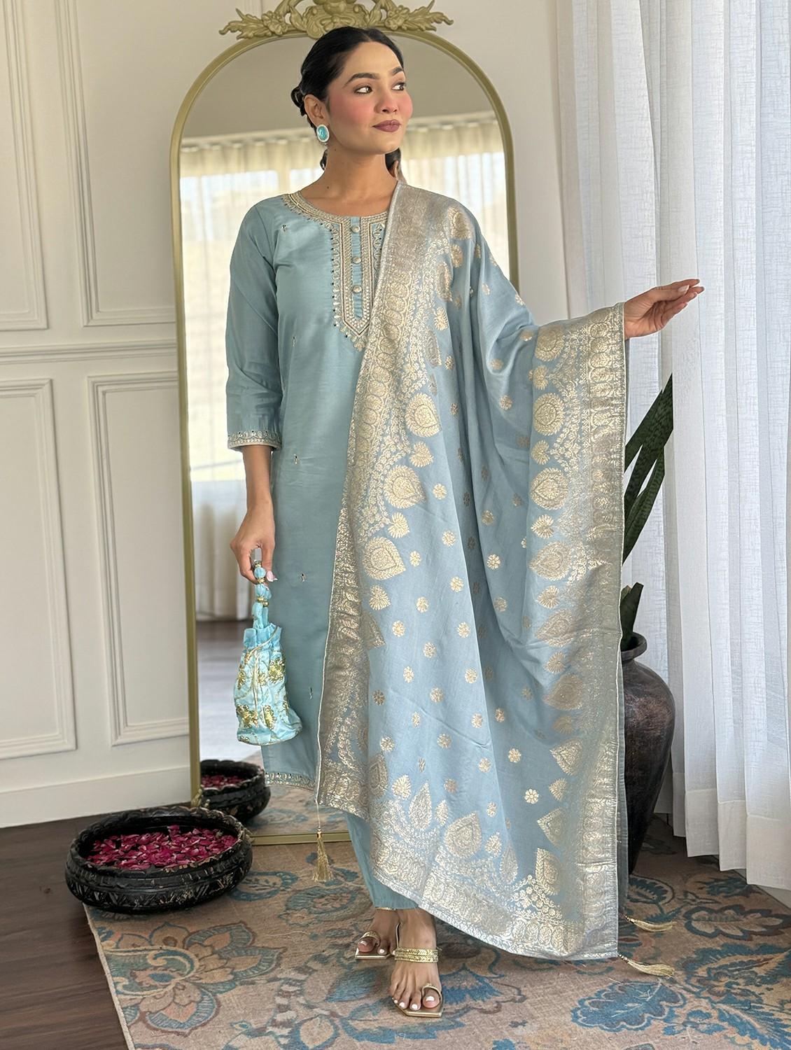 women embroidered three quarter sleeve kurta pant with dupatta set - 22011259 - Standard Image - 5