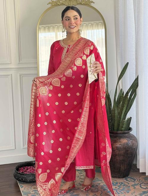 women embroidered three quarter sleeve kurta pant with dupatta set - 22011260 - Standard Image - 0