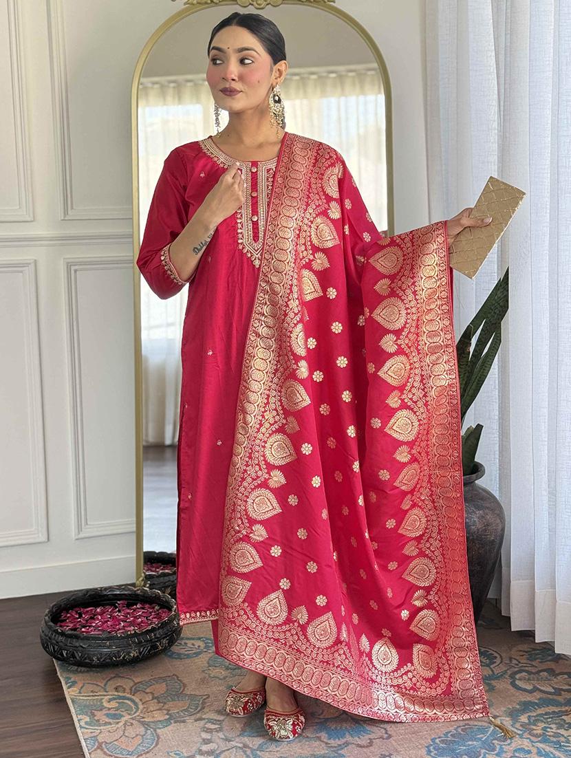 women embroidered three quarter sleeve kurta pant with dupatta set - 22011260 - Standard Image - 3