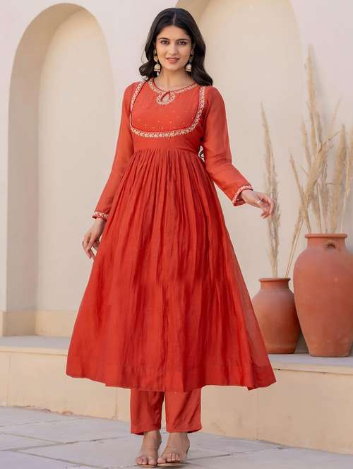 women embroidered long sleeve anarkali kurta with dupatta set - 22011263 - Standard Image - 0