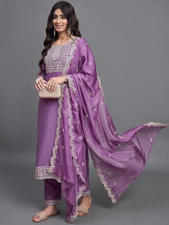 women embroidered three quarter sleeve kurta pant with dupatta set - 22011269 - Zoom Image - 0