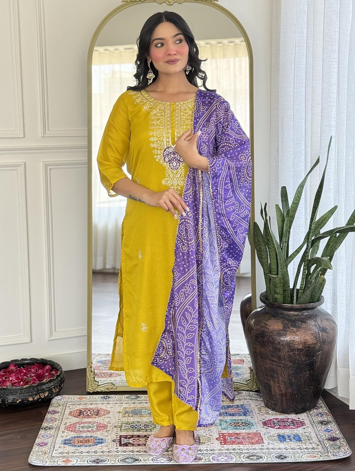 women embroidered three quarter sleeve kurta pant with dupatta set - 22011276 - Zoom Image - 0