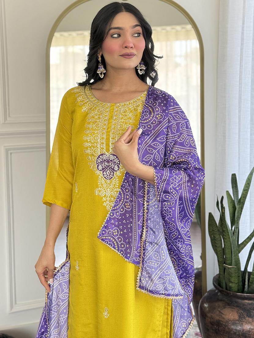 women embroidered three quarter sleeve kurta pant with dupatta set - 22011276 - Standard Image - 3