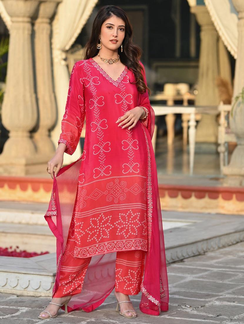 women embroidered three quarter sleeve kurta pant with dupatta set - 22011405 -  Zoom Image - 0