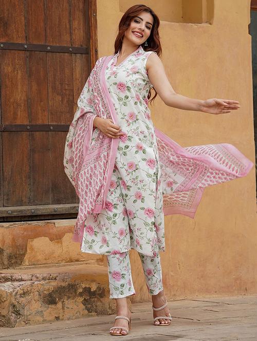 women floral printed sleeveless kurta pant with dupatta set - 22011410 - Standard Image - 0
