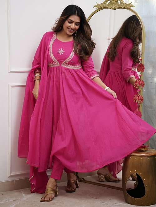 women embroidered three quarter sleeve anarkali kurta pant with dupatta set - 22011415 - Standard Image - 0