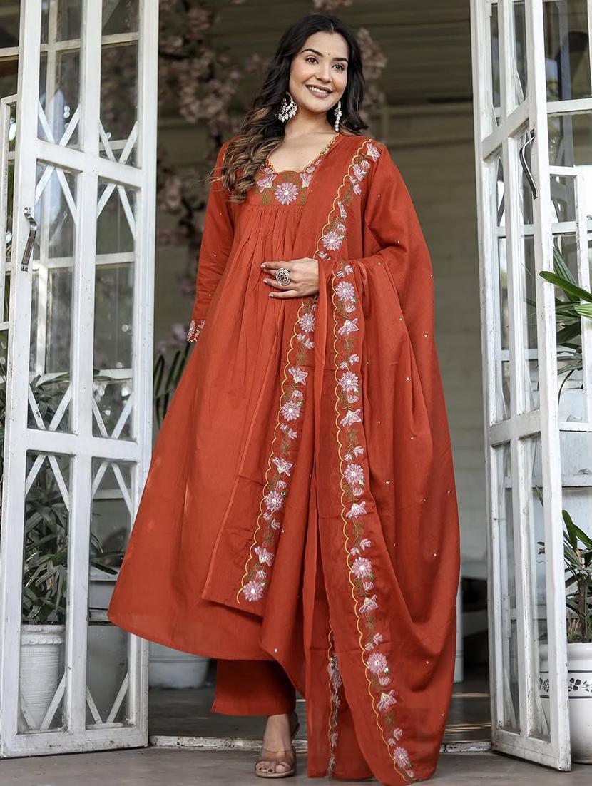 women embroidered long sleeve anarkali kurta pant with dupatta set - 22011418 - Zoom Image - 0