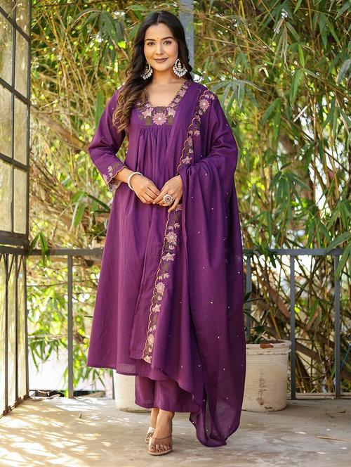 women embroidered long sleeve anarkali kurta pant with dupatta set - 22011419 - Standard Image - 0