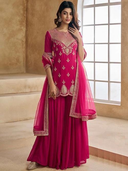 women embroidered three quarter sleeve kurta sharara with dupatta set - 22011420 -  Standard Image - 0