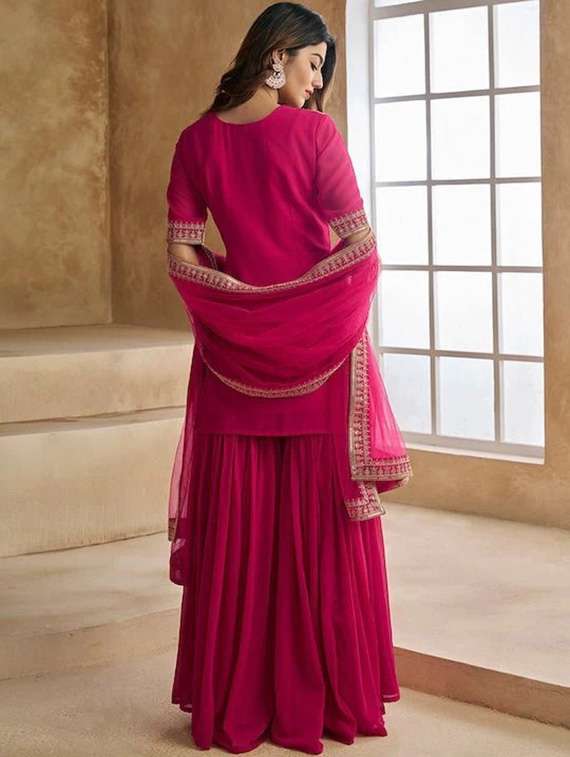 women embroidered three quarter sleeve kurta sharara with dupatta set - 22011420 - Standard Image - 3