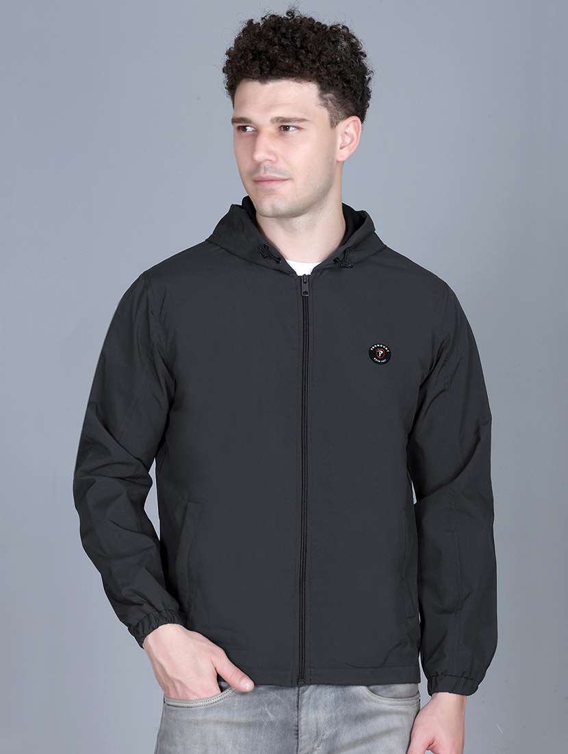 men solid long sleeve lightweight windcheater hooded jacket