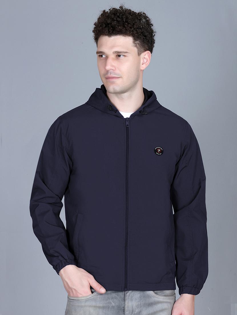 men solid long sleeve lightweight windcheater hooded jacket
