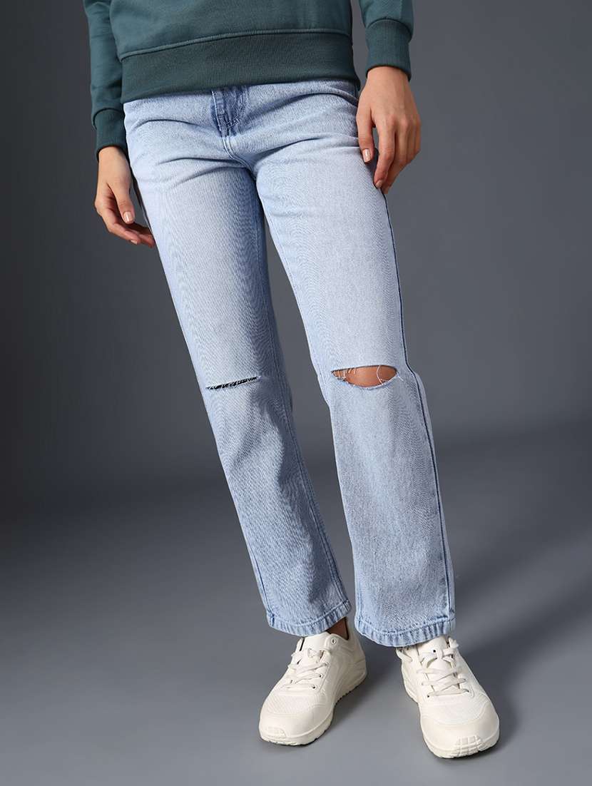 women solid mid rise slash knee jean
