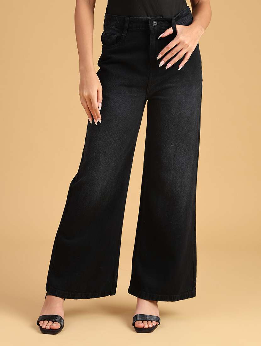 women solid high rise wide leg jean