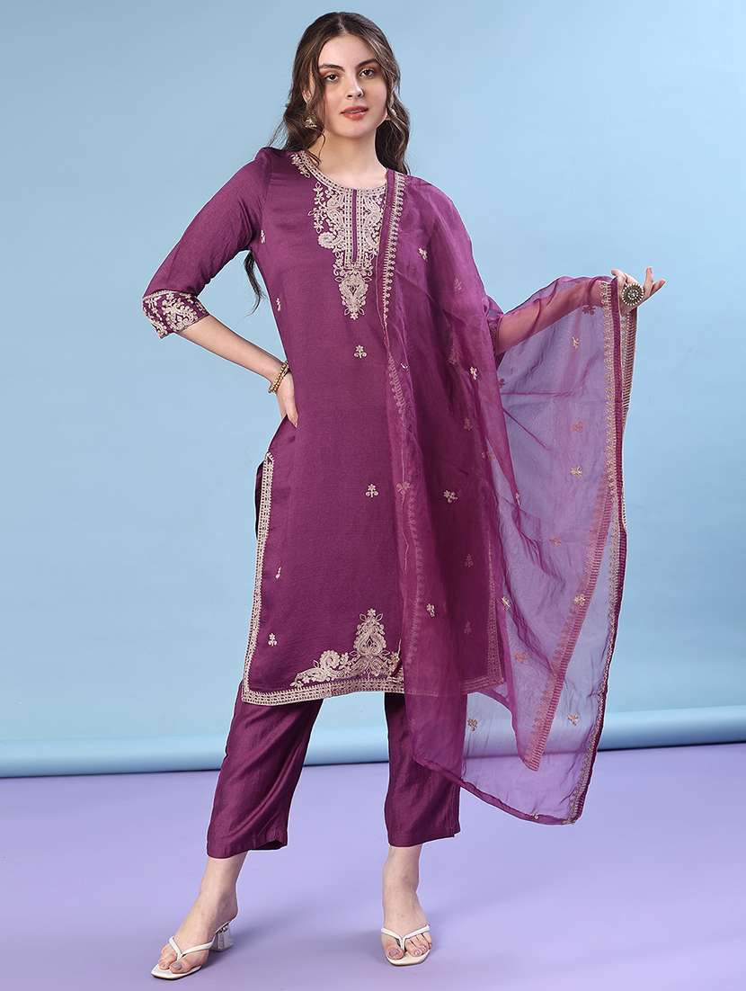 women embroidered kurta and pant set with dupatta