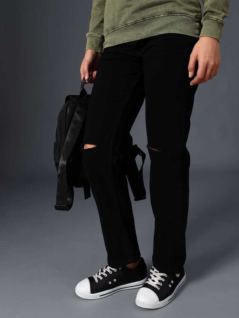 women solid mid rise slash knee straight jean