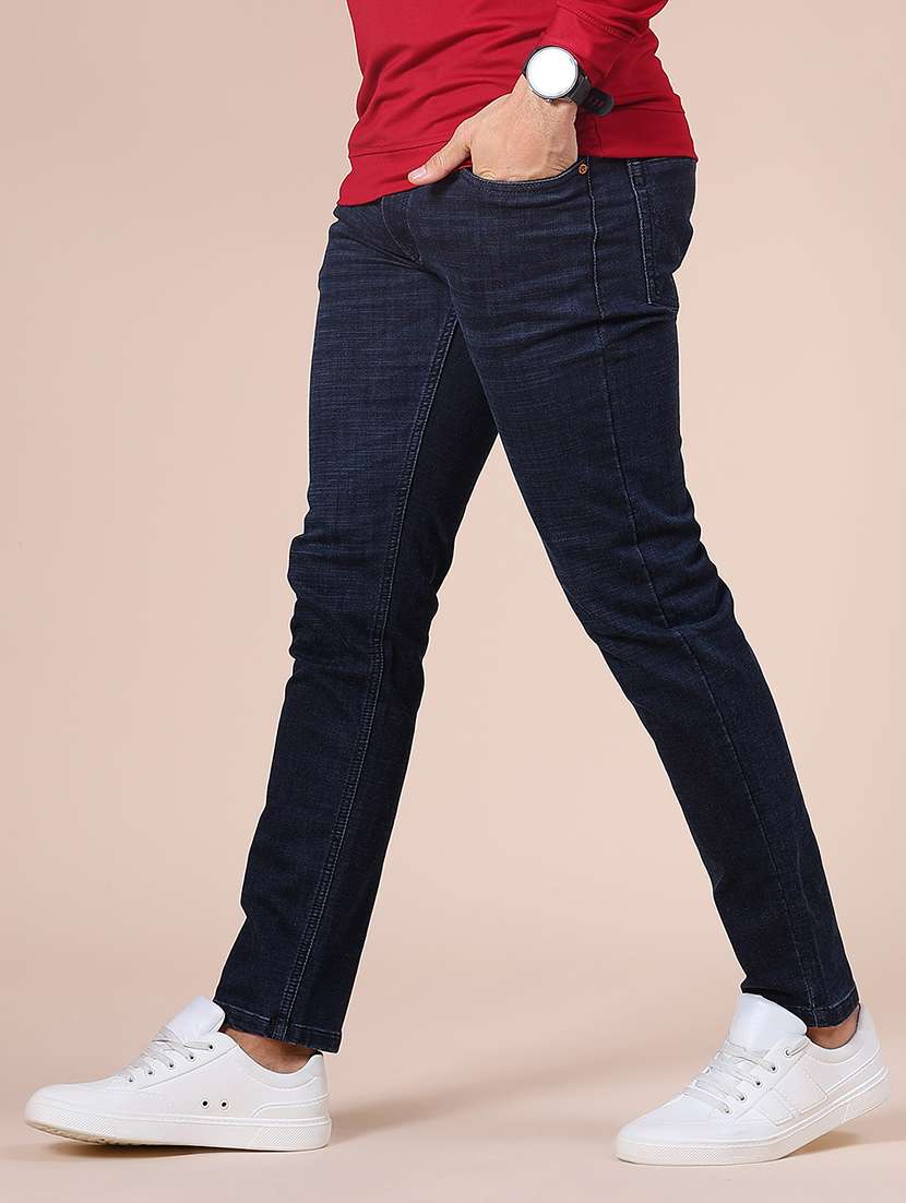 men washed mid rise full length jean